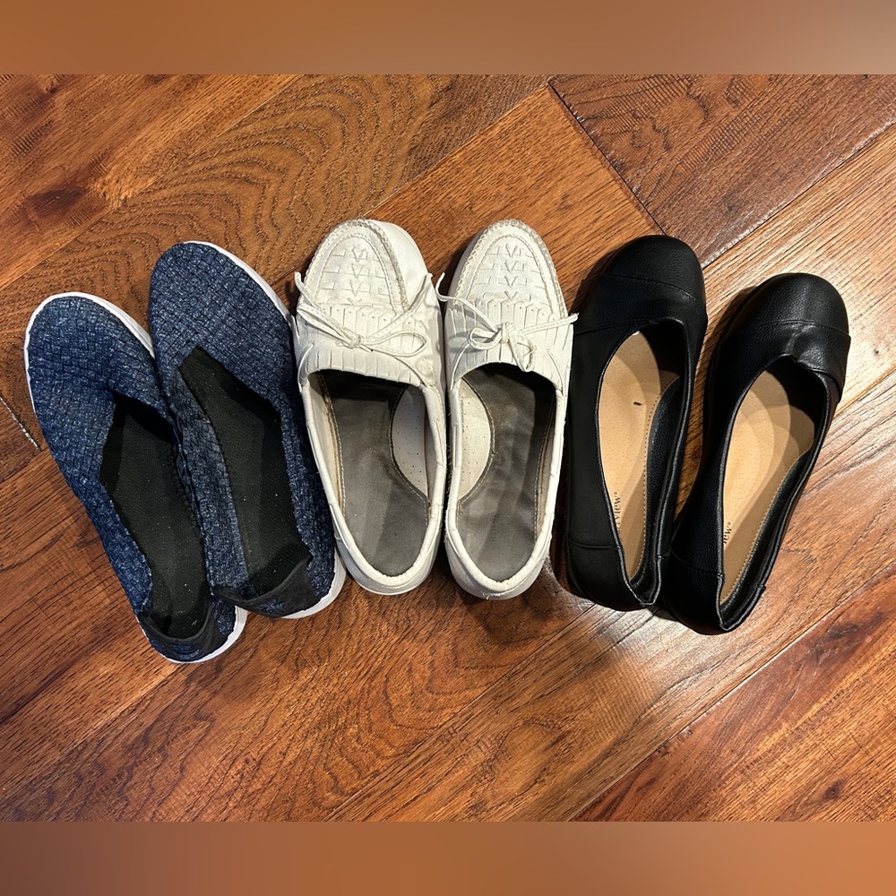 Women’s Flat Shoe Bundle - Set of 3 - Size 10 - Blue White Black
